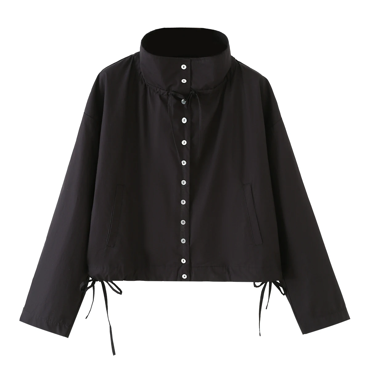 BSAY Damen Stehkragen-Jacke mit Kordelzug am Saum, Knopfverschluss vorne, schrägen Taschen, langen Ärmeln, lässiger Streetwear-Mantel für Damen. – Detail 2
