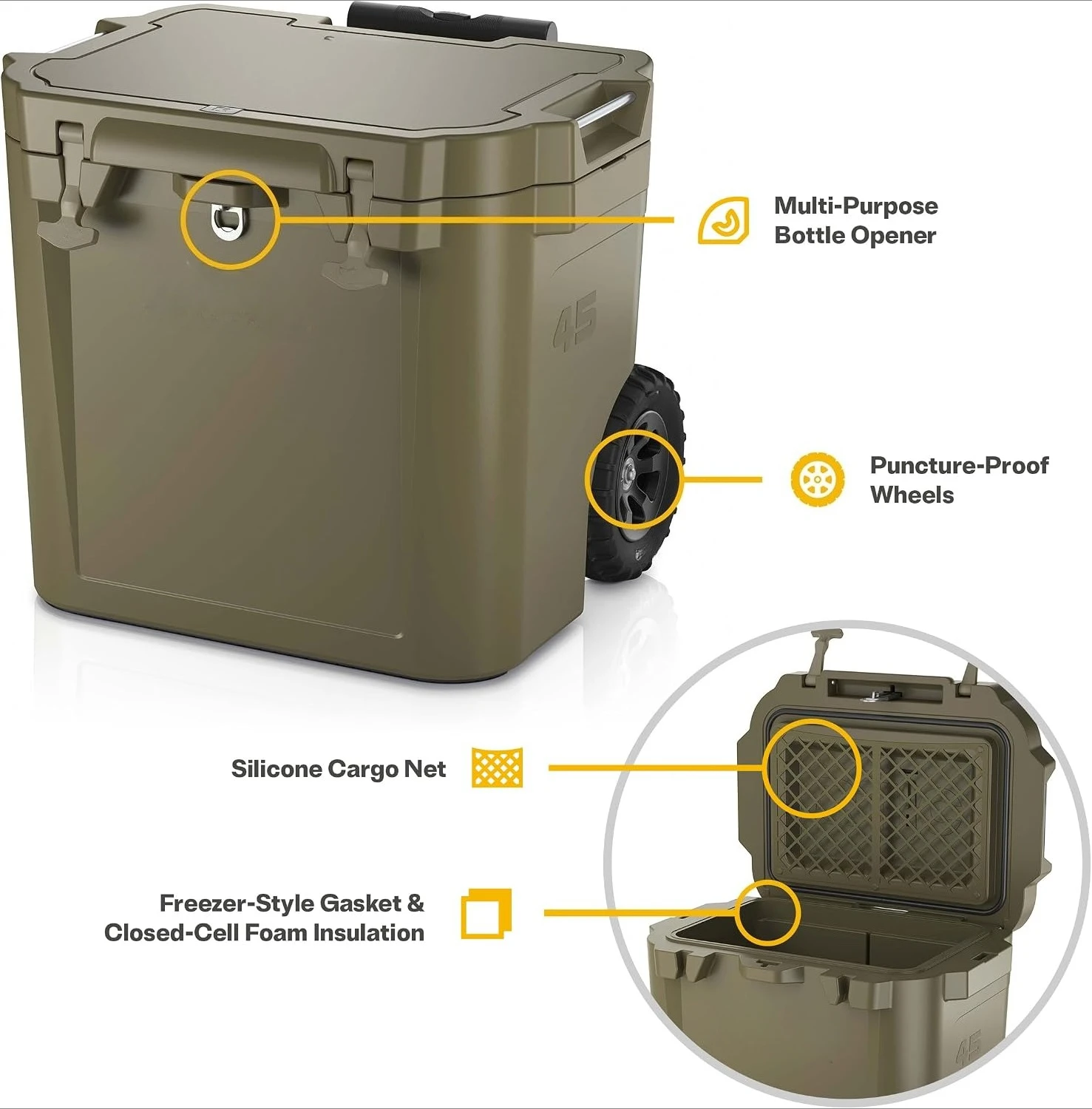 45 Quart Wheeled Ultra‑Tough Rotomolded Hard Ice Chest Cooler, Portable Insulated Beverage Cooler with Wheels for Camping, Fishing, Beach, Tailgating and Outdoor Adventures view 3