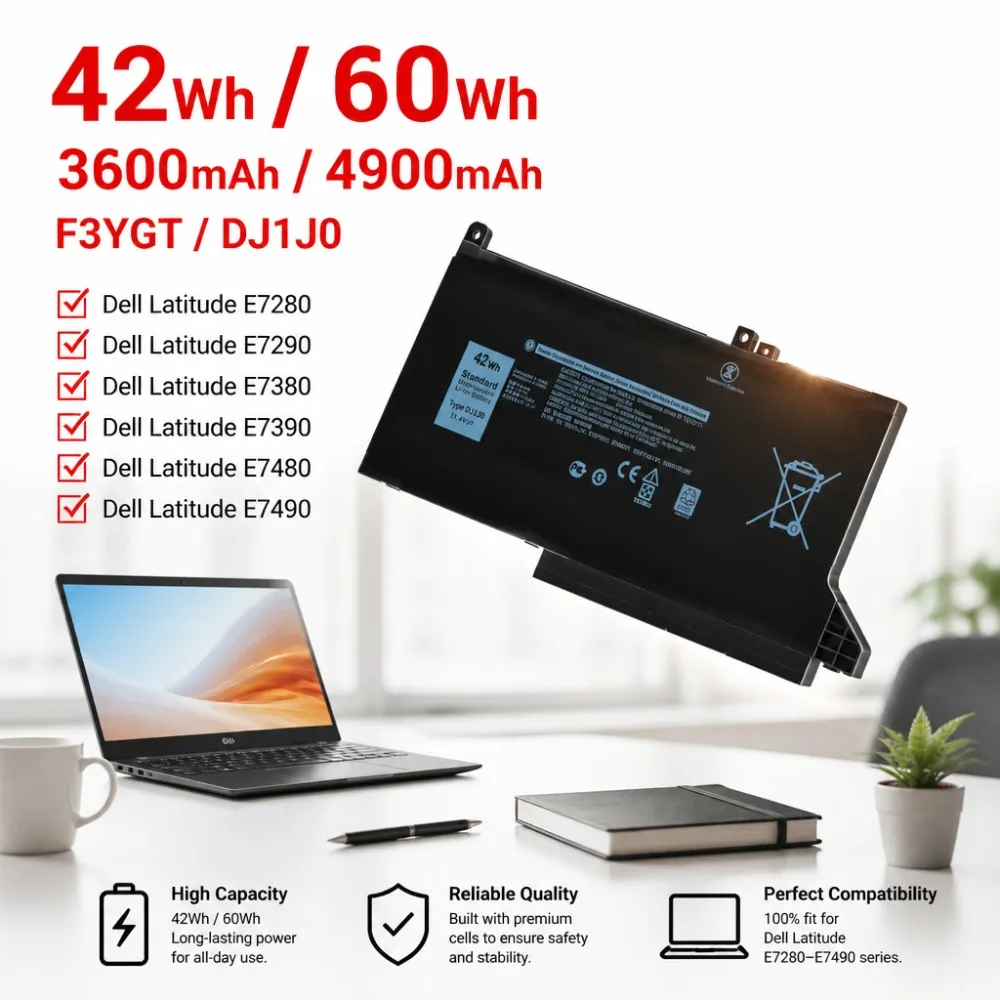 42Wh 60Wh Laptop Battery for Dell Latitude E7280 E7290 E7380 E7390 E7480 E7490 F3YGT DJ1J0 11.4V Long Life Notebook Accessories