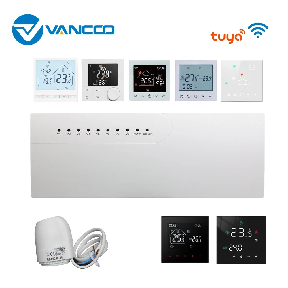 Sistema de calefacción de suelo de agua 3A, termostato WIFI inteligente con actuadores centrales que conecta el controlador de concentrador de 8 subcámaras para caldera de Gas