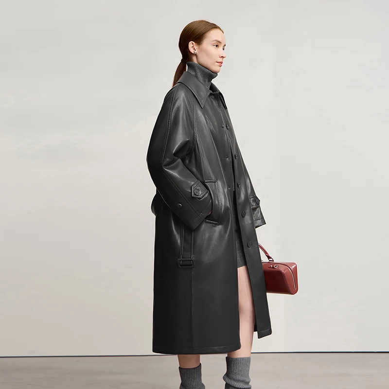 AMII 다운 코트 2025 겨울 신상 벨트 포함 PU 가죽 솔리드 롱 다운 재킷 여성용 따뜻한 싱글 브레스티드 스트레이트 탑 12554039