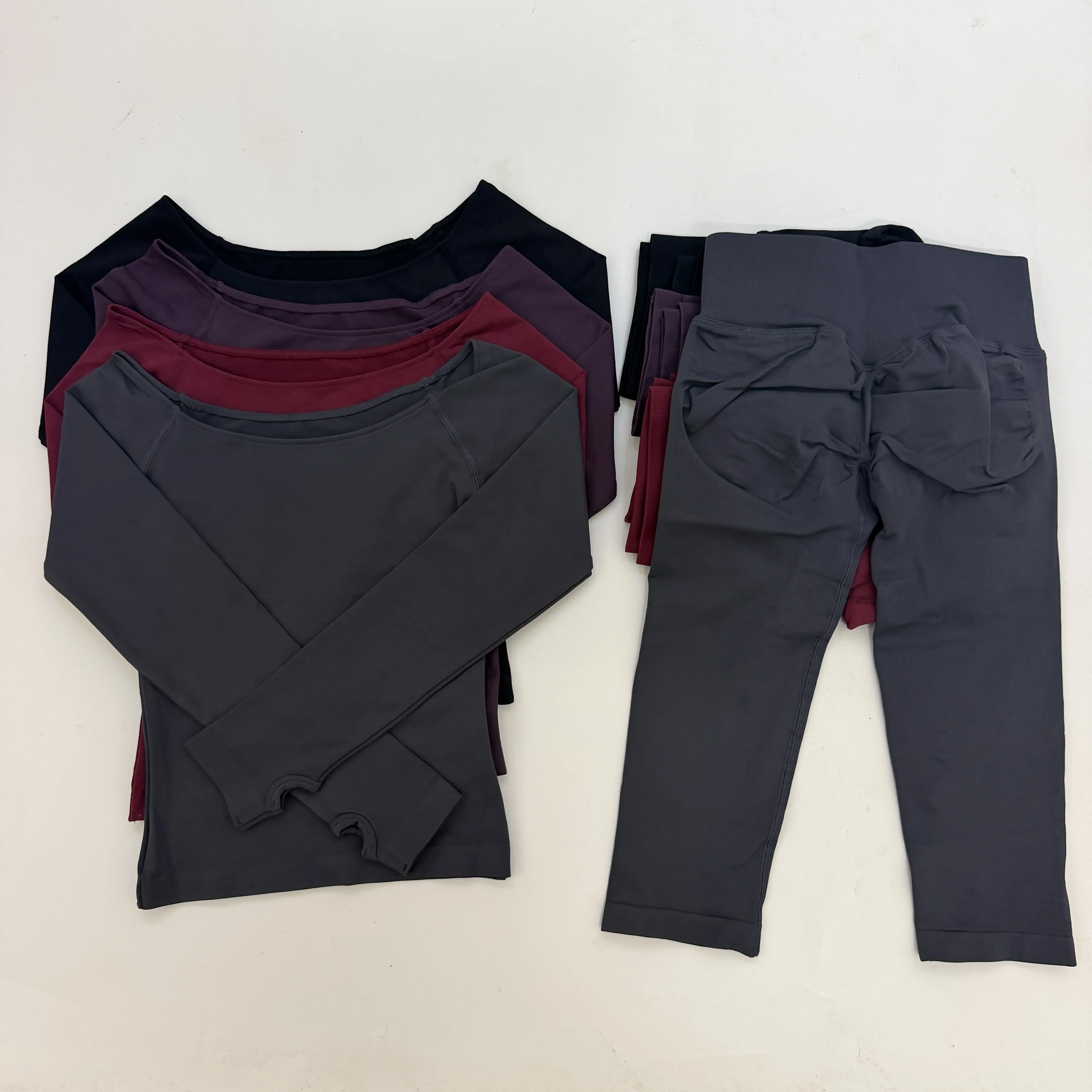 2 Pieces Long Sleeve Workout Set Woman off shoulder Vision Yoga Top Capris Cropped Legging Set Gym Clothes Seamless Sports Suits
