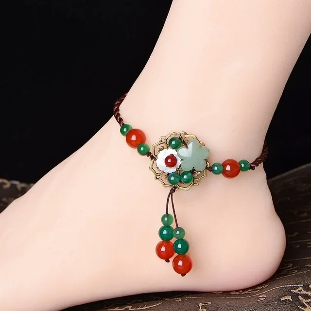 Jade Stone Jadeite Emerald Flower Anklets Charm Jewellery Fashion Accessories Chinese Carved Amulet Gifts for Women Her