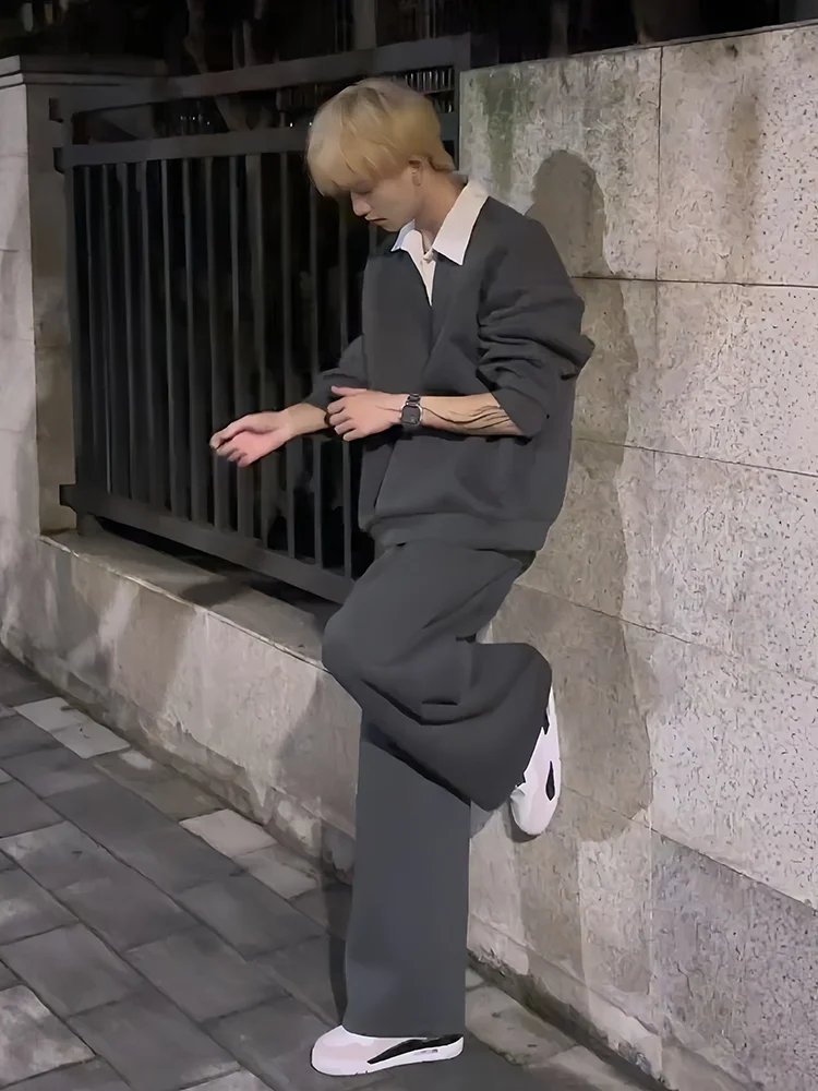 Men's irt Collar Sweatirt Set Long Sve Cotton Polyester Autumn Winter Casual Sportswear Two Piece Outfit Teenagers