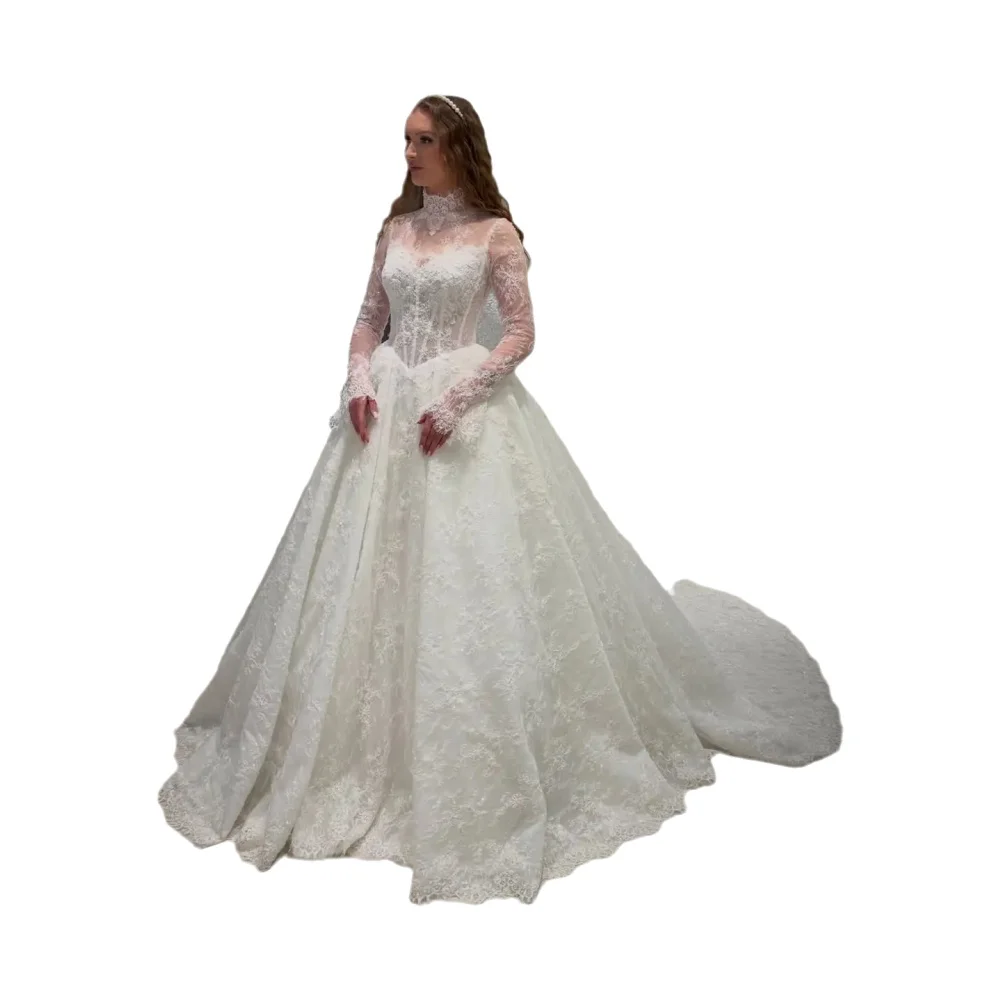 Luxuriöses Hochgeschlossenes Langarm-Spitzen-Ballkleid Hochzeitskleid Elegantes Prinzessinnen-Brautkleid Maßanfertigung Vestidos De Novia
