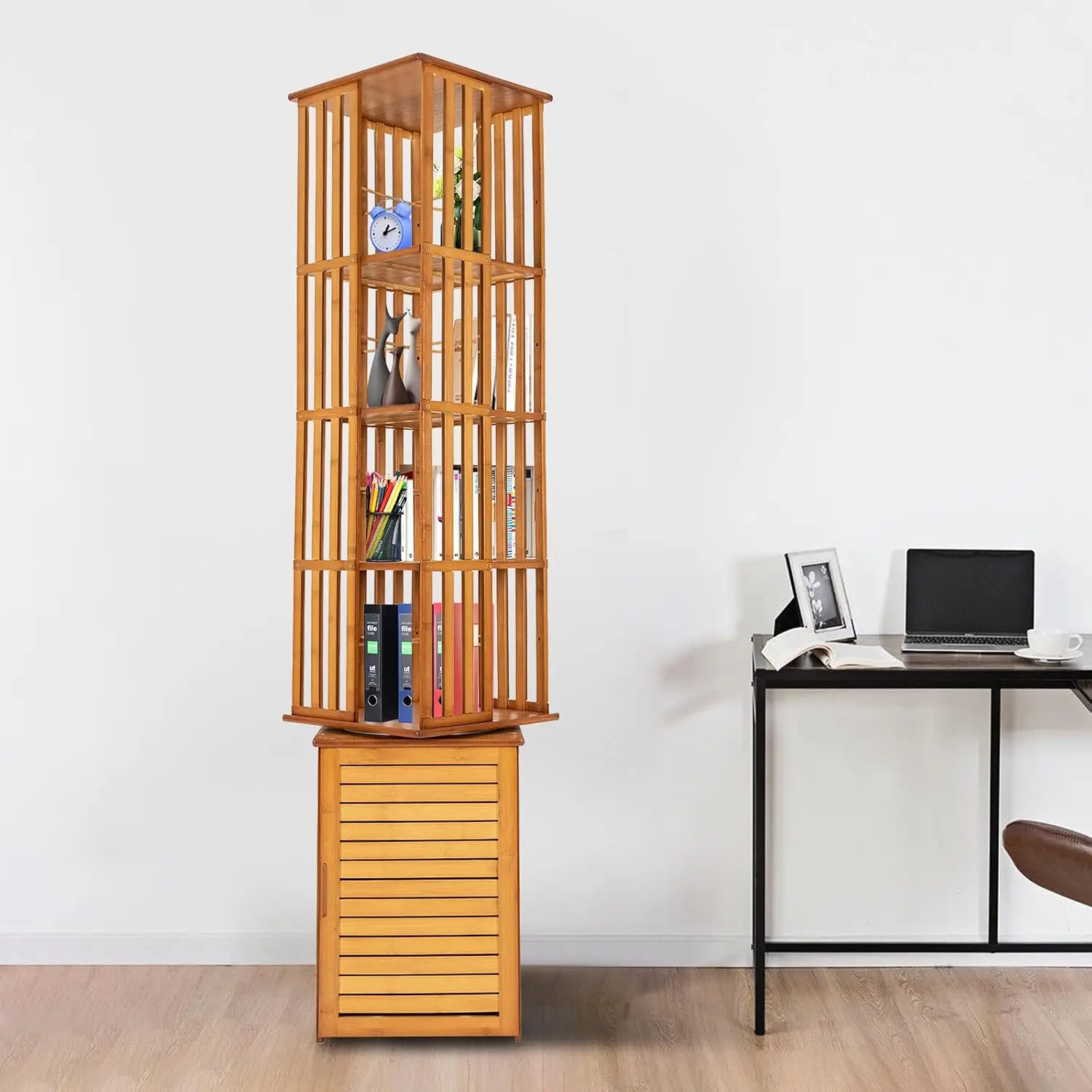 6 Tier Rotating Bookshelf with Shutter Door, Bamboo 360° Tower for Living Room & Office, 14.5x14.5x87.4In, Customized