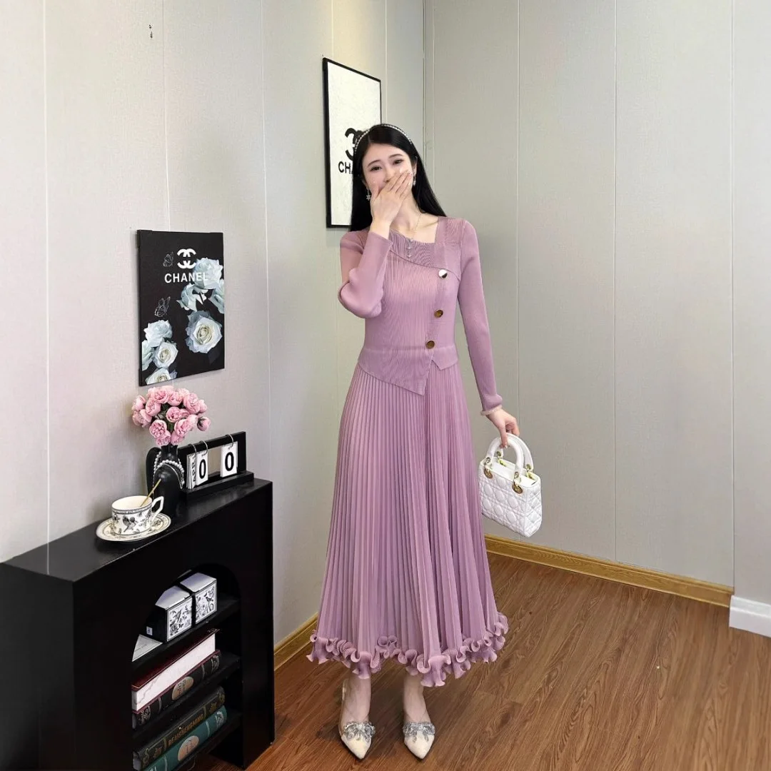 

Miyake Fashion Splicing Folds Dress Women's Long Sleeve Button Waist Retraction A Line Dresses 2025 Summer New Tide