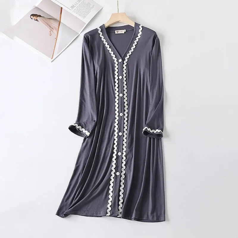 2024 Modal homewear Nightdress Dress women\'s Long-Sleeved mid-length Pajamas Spring, Autumn Loose High-end Robes Sleepshirts