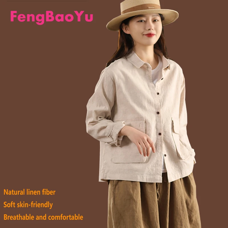 

Женская рубашка из 100% натурального чистого льна, украшение с большим карманом и длинными рукавами, повседневный стиль для улицы, дышащий, впитывающий пот