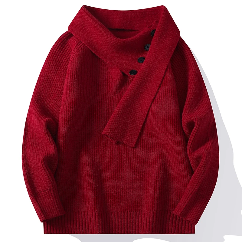 Winter/Autumn Trendy Scarf V-neck Men's Knitted Sweater 2025 High Street Korean Style Fashion Youth Hoodies