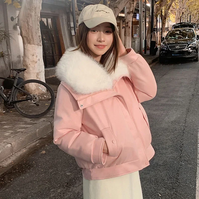 Fashion Fox Fur Collar Quilted Jacket Women Korean Zipper Waterproof Short Faux Leather Coat Autumn Winter Thicken Warm Parkas