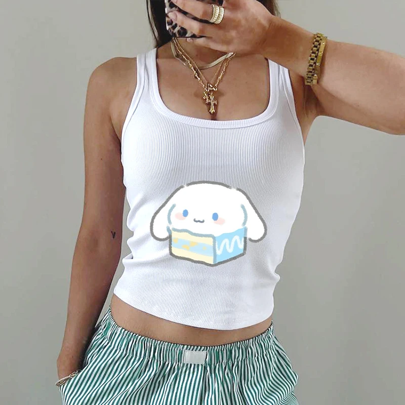 New Summer Cinnamoroll Kawaii Vest T Shirt Sanrio Japanese Style Anime Cartoons Casual Clothes Sleeveless  Fashion Y2K Top