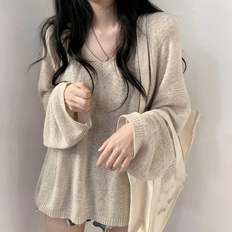 Women's Knitted Tops Korean Version Solid Colour Knitted Long Sleeves  Tops Women Loose Pullovers