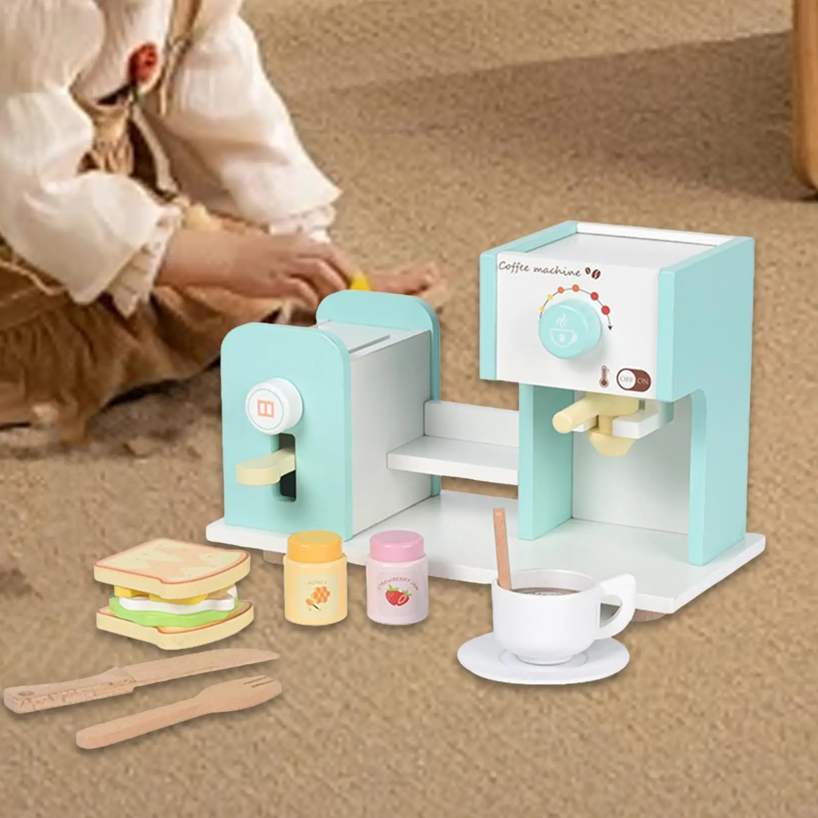 Cafetera de madera, decoraciones de juguete, capacidad de agarre manual suave para mayores de 3 años