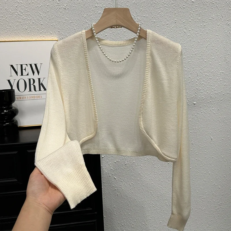 Korean Fashion Sun-Proof Cardigans Women Crop Tops Sweater Thin Short Summer 2025 Solid Knitted Long Sleeve Cardigan