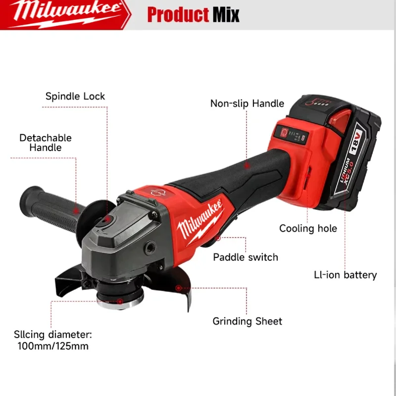 ميلووكي زاوية طاحونة 125 مللي متر فرش آلة تلميع قطع لا قفل مجداف التبديل أدوات كهربائية لاسلكية #5
