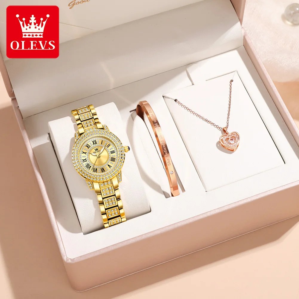 OLEVS 9943 ساعات نسائية وظيفة الضوء الليلي الأصلي كوارتز ساعة معصم رومانية مطعمة الزركون الهاتفي 30 متر مقاوم للماء ساعة السيدات