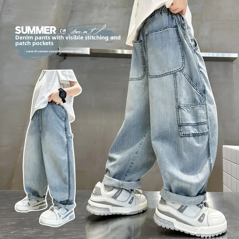 

Trendy Light-Colored Workwear Denim Jeans for Boys Spring Autumn Middle Size Children Handsome Long Pants Korean Style
