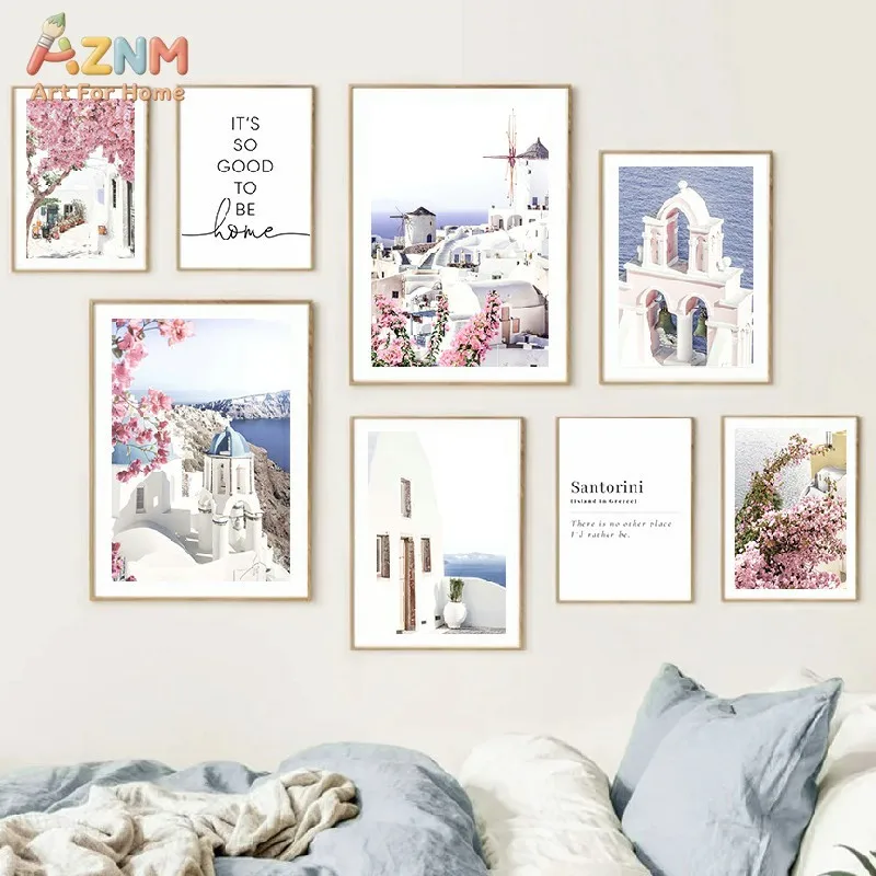 AZNM Santorini Island Landscape Canvas Wall Art, Minimal Greek White Building Bougainvillea Coastal Typography Home Bedroom Aest