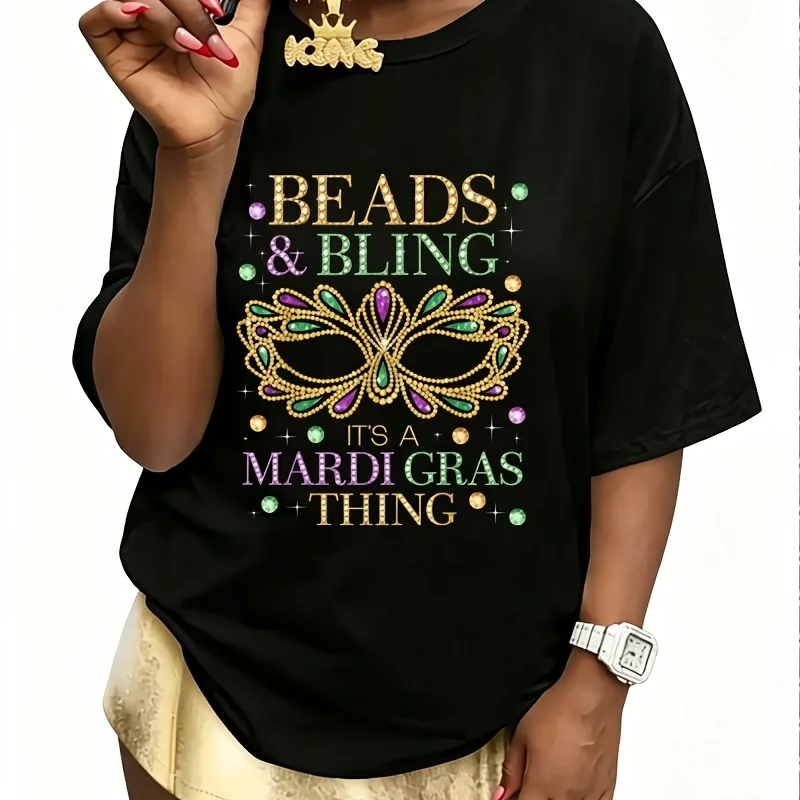 Glitter Lettering & Sequin Mask Design Women's 100% Cotton T-Shirt Short Sleeve Top Casual Round Neck Fun Print Tee S-5Xl