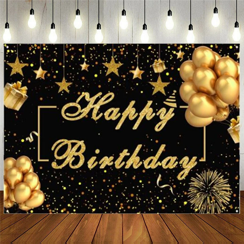 

Black And Gold Happy Birthday Party Decoration Photography Backdrop Golden Balloons Stars Vinyl Background