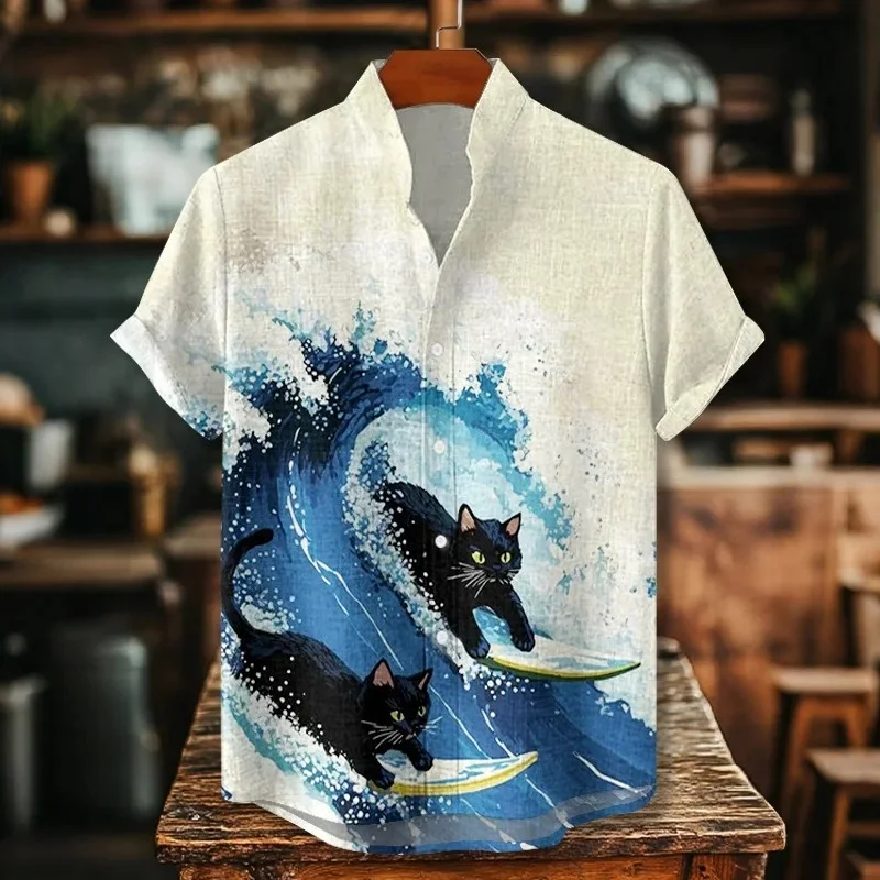 

Мужская блузка на пуговицах с забавным черным котом для серфинга в огромных волнах, рубашка с короткими рукавами и художественным принтом, модные туники в стиле Харадзюку с воротником-стойкой