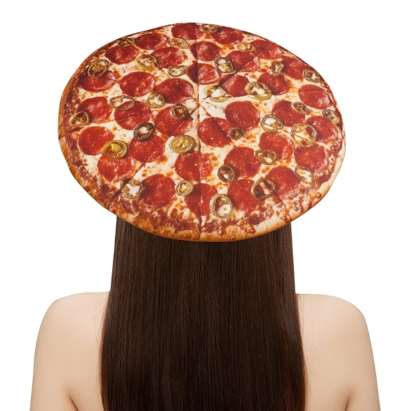 49MD Round Pizza Costume Headwear for Halloween Party Outfit and Stage Show Use, Pizza Hat with Layered Hat Form for Theme Party