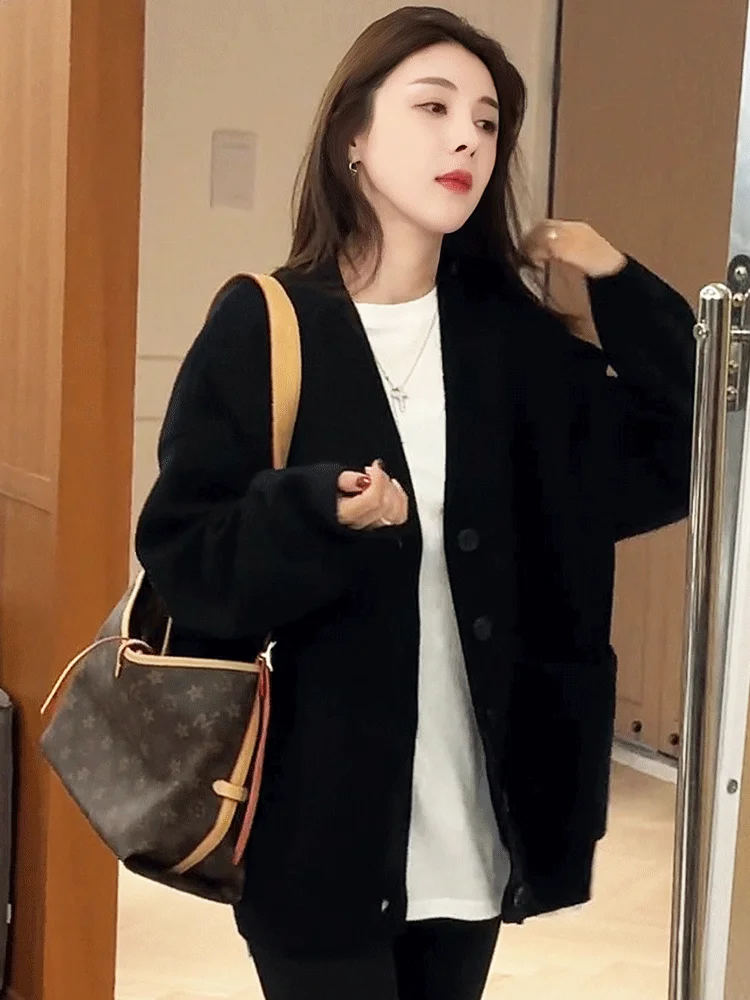 Saili Premium Black Knitted Sweater Cardigan Jacket for Women New Loose Long Sleeved Top
