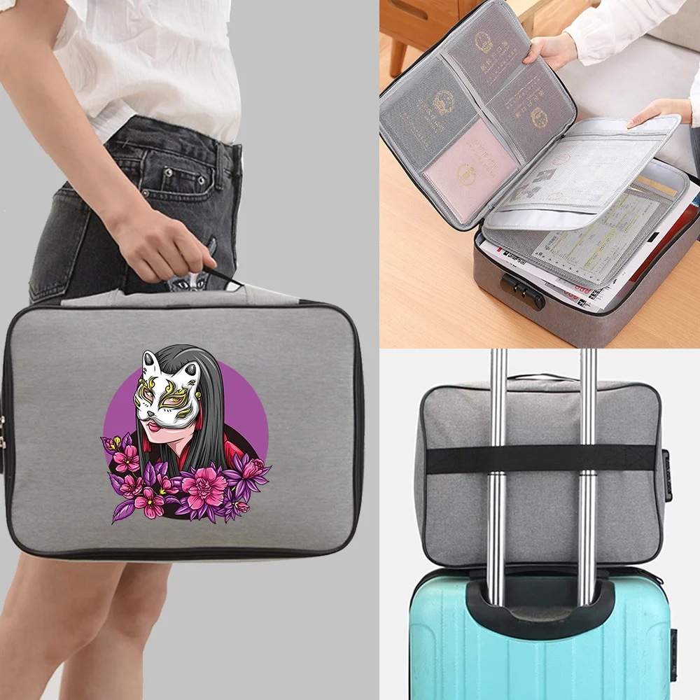 Large Capacity Document Organizer Bag with Lock Card Bag Mask Print Travel Storage Box for Important File Multi-Function Case