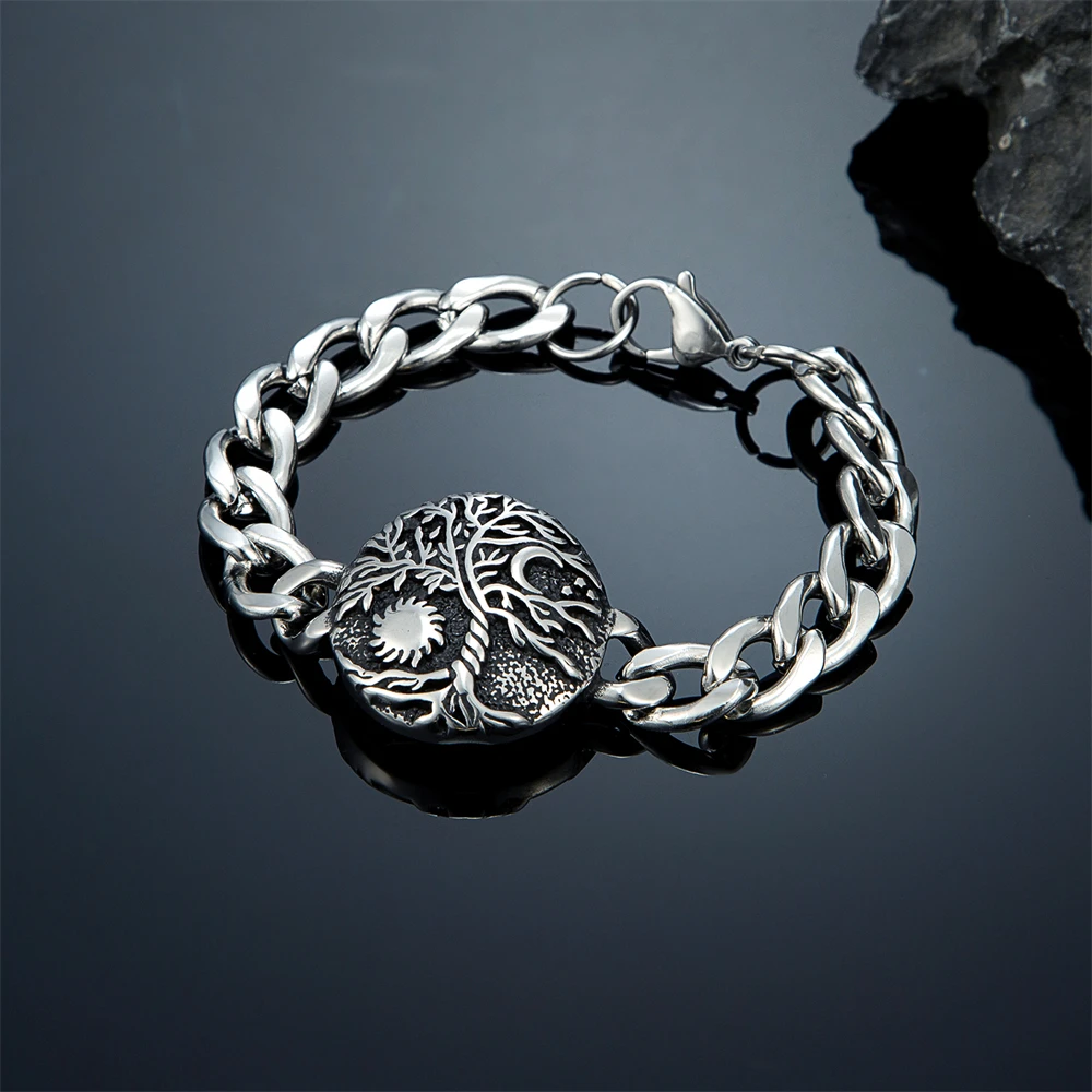 Men's Norse Mythology Tree of Life Skull Bracelet Stainless Steel Viking Bangle Punk Infinity Symbol Cuban Chain Accessory Gift