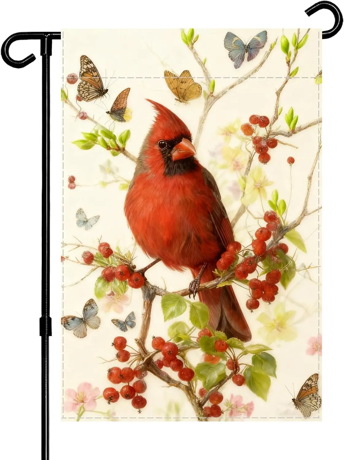 Cardinal Garden Flag, Spring Butterfly Theme Decorative Outdoor Banner with Red Bird and Berry Branch Design, 12 x 18 Inch WWP