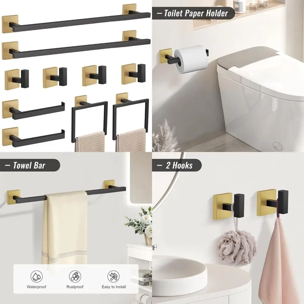 مجموعة أدوات المناشف باللونين الأسود والذهبي مكونة من 10 قطع، ملحقات أجهزة الحمام المصنوعة من الفولاذ المقاوم للصدأ، لمسة نهائية SUS304 ممتازة، ديكور حمام أنيق #1