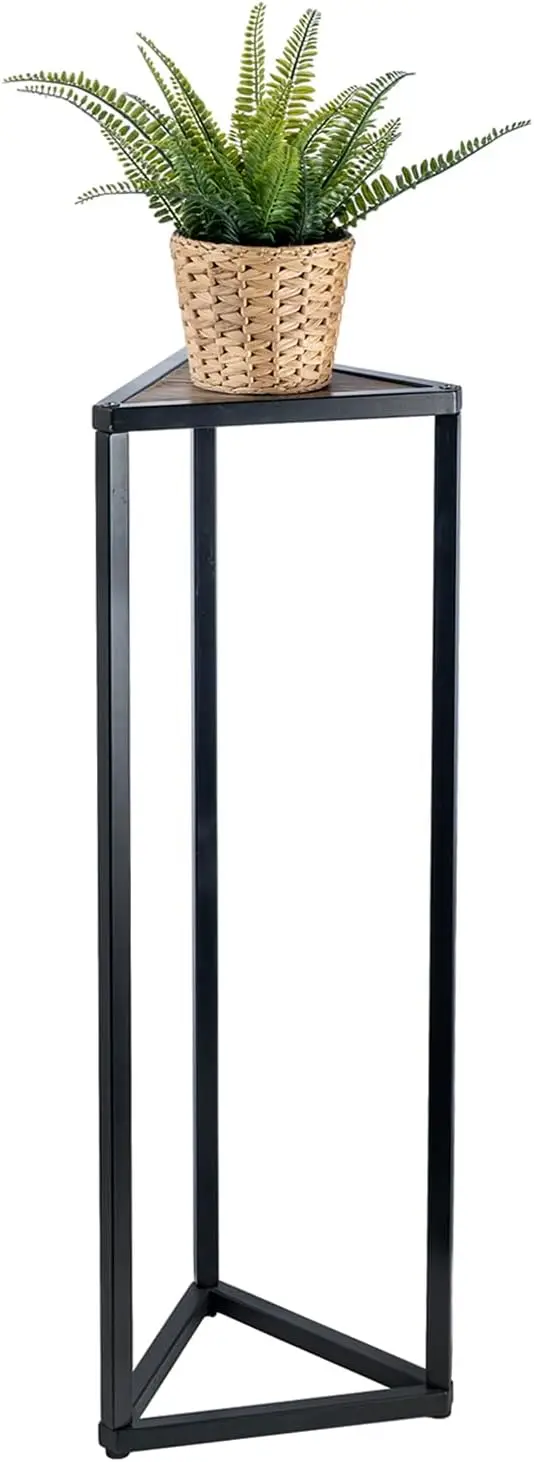 

36-дюймовая треугольная подставка для растений со столешницей из жатого дерева и черным металлическим каркасом для внутреннего декора