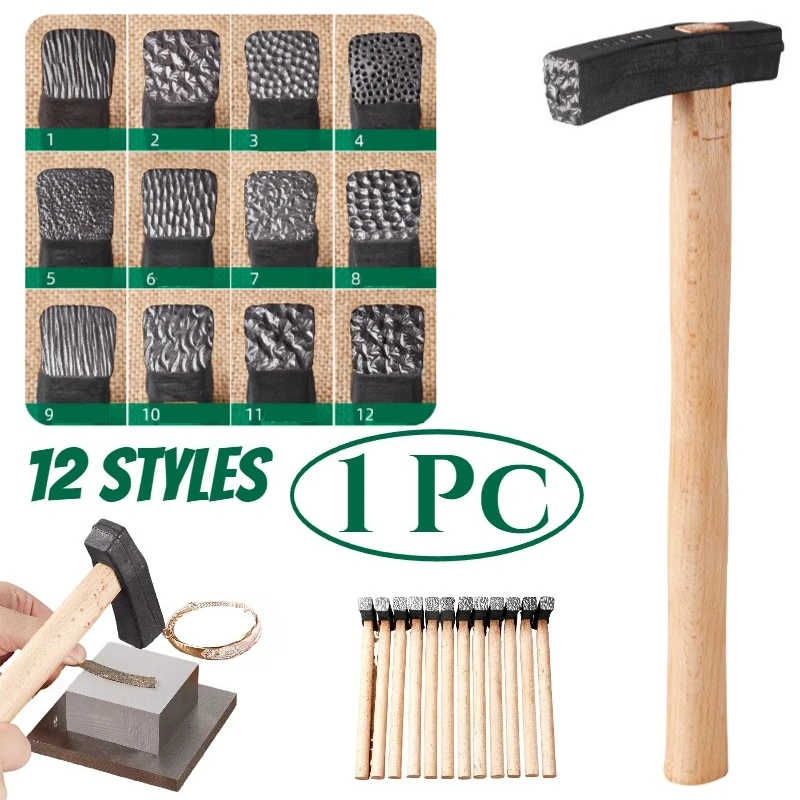 Professional 12-Design Textured Square Head Metalwork Hammer, Jewelry Making Tool for Unique Rings Bracelets DIY