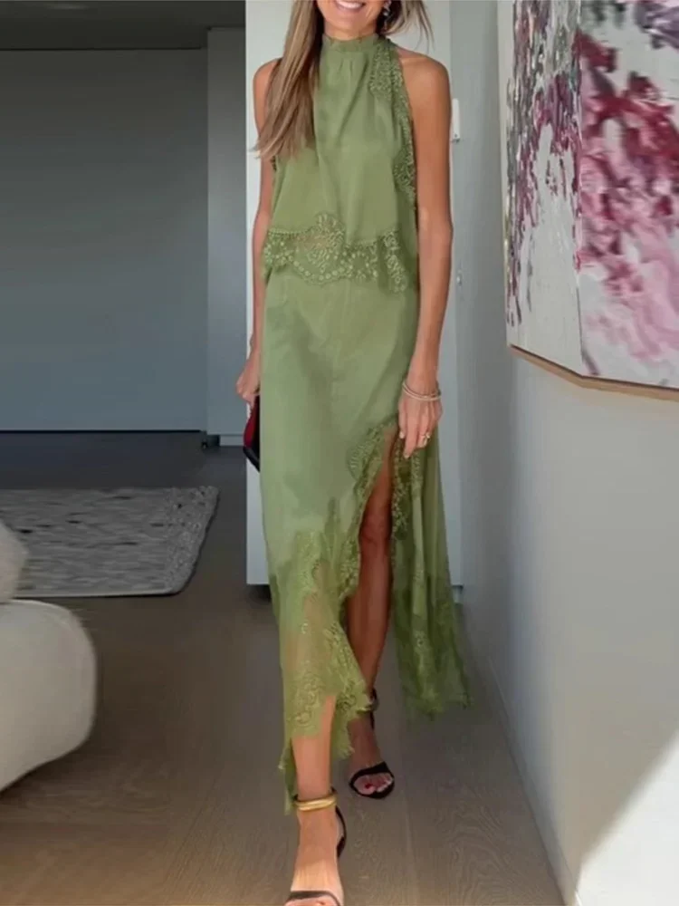 

Кружевной лоскутный топ на бретелях, комплект с юбкой, женский тонкий жилет без рукавов, юбки-миди с разрезом, костюм, летние каникулы, уличные однотонные наряды