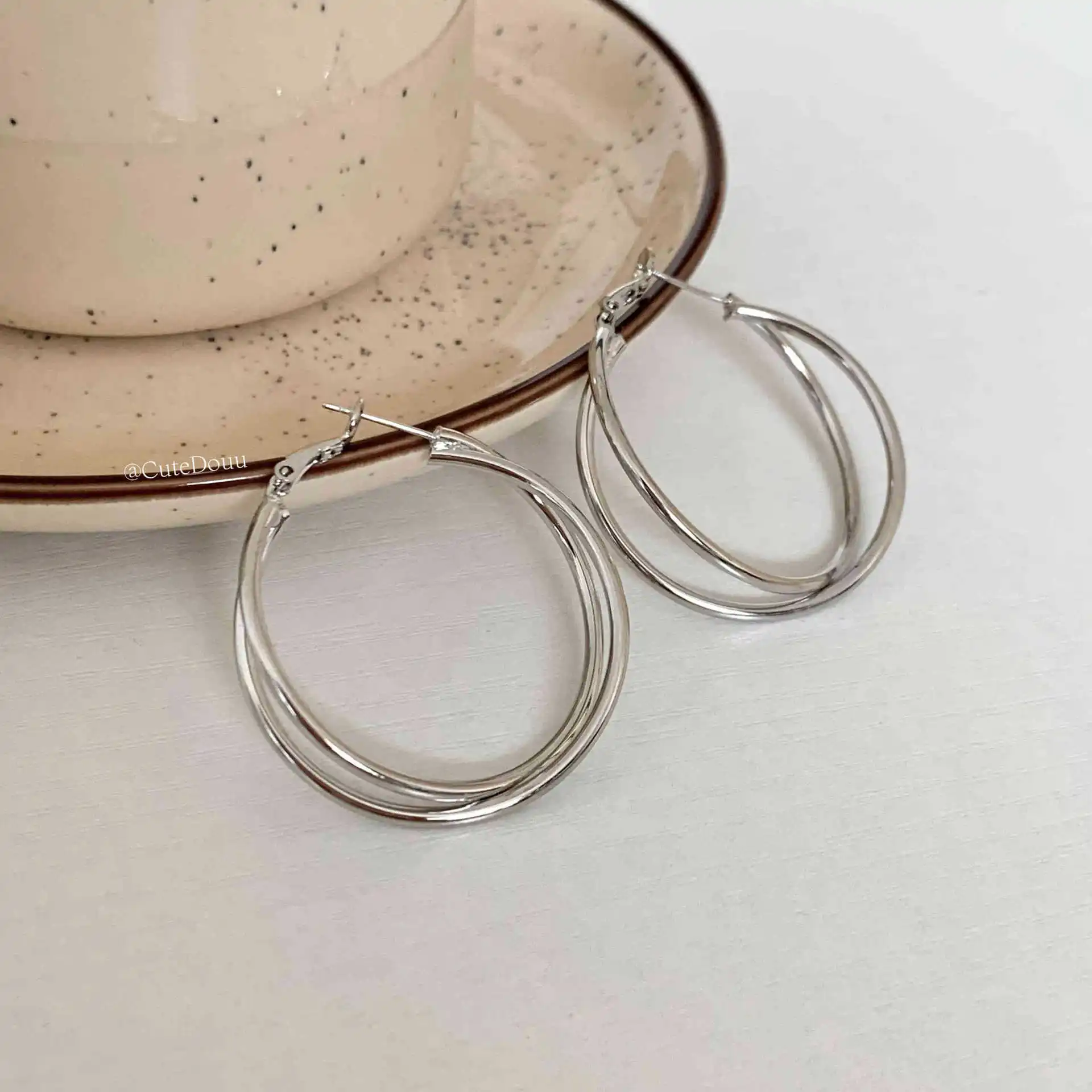 New Double Layer Cross Round Hoop Earrings for Women Silver Color Metal Simple Dangle Drop Earrings Punk Personality Jewelry