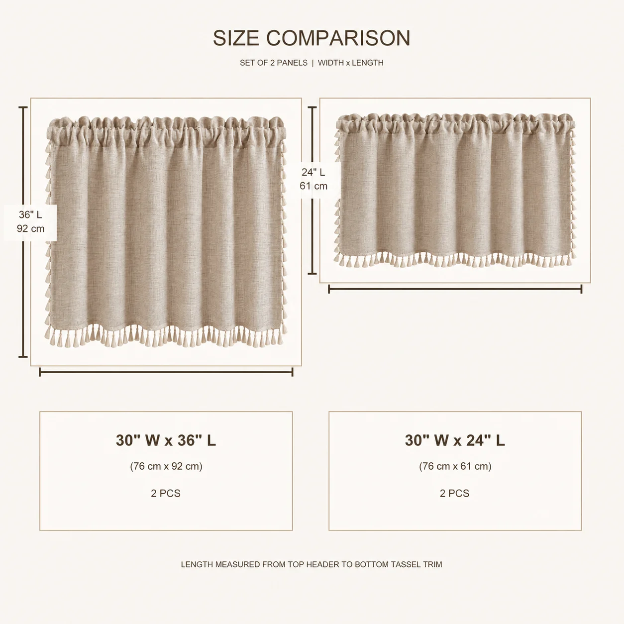 2‑Panel Farmhouse Linen Textured Café Curtains with Tassels, Rod Pocket Soft Semi‑Sheer Short Window Drapes for Kitchen Bathroom