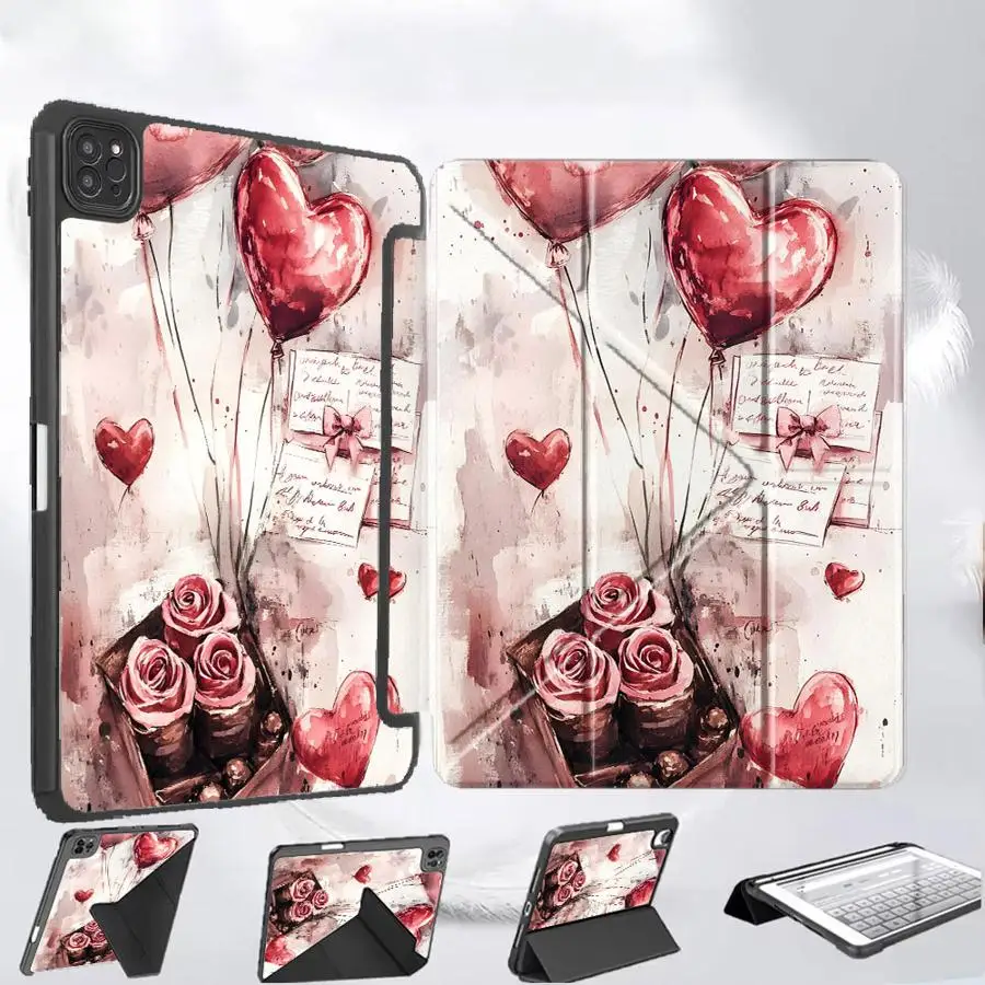 

Holder Cover Tablet Case For iPad Pro 11th 10th 9th 8th 7th 12.9inch Air 4 5 M3 M2 M4 11inch Pro 2025 Mini 6 7 Red Rose Balloon