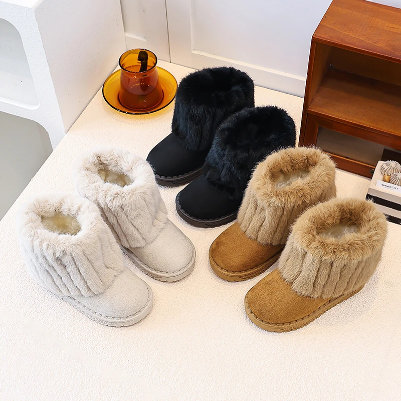 Winter Children Snow Boots Faux Fur Warm Plush Kids Short Boot Chunky Non‑Slip Casual Slip-on Trendy Boys Girls Booties 25-36