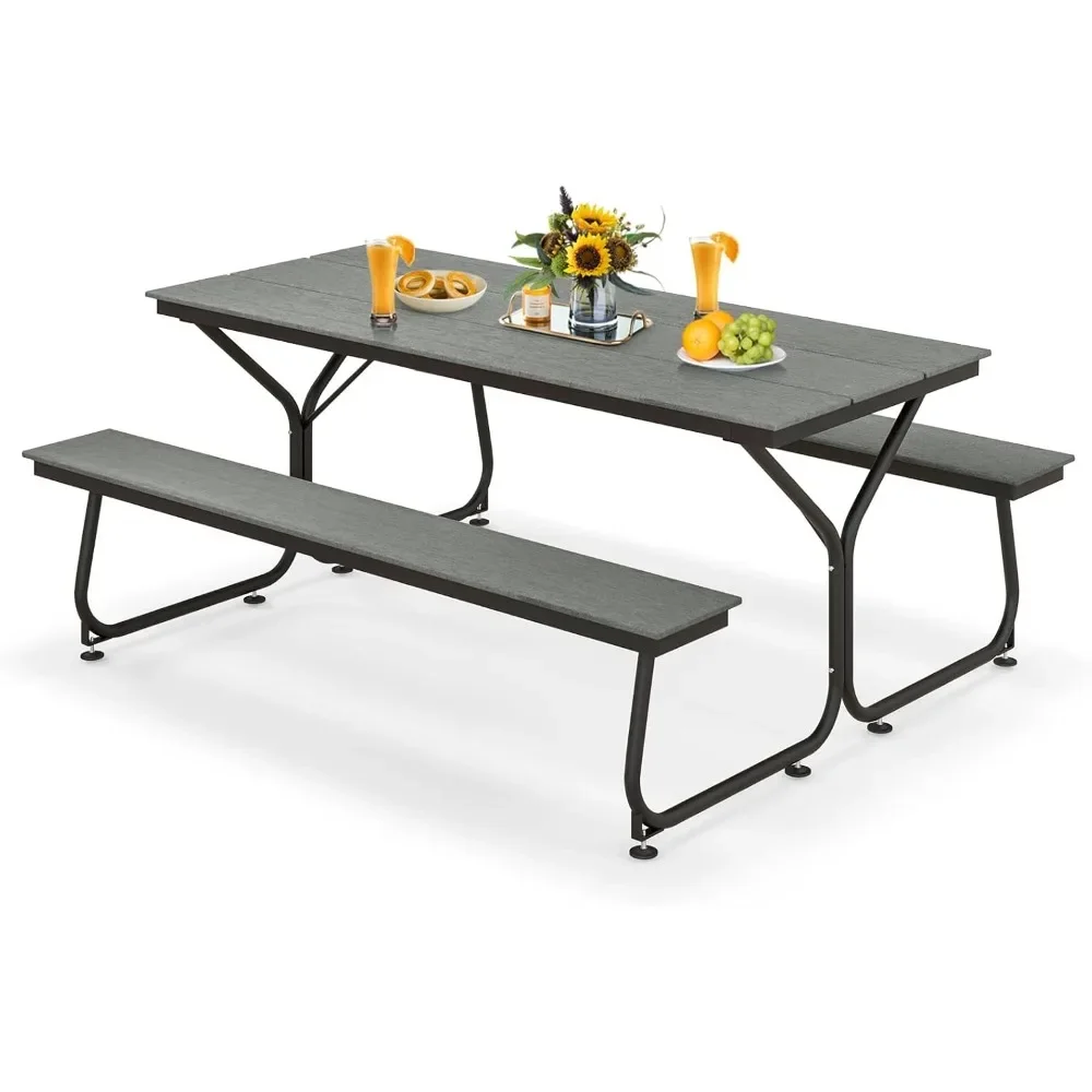 

Outdoor Picnic Table Bench Set, 2450 LBS Capacity Dining Table with 2 Benches for 6-8 People, Heavy Duty Metal Frame Picnic