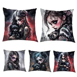 Cartoon Gothic Girl and Bear Doll Cushion Covers Goth Girl Pillowcase Sofa Bedroom Office Pillowcases Home Party Car Bedding