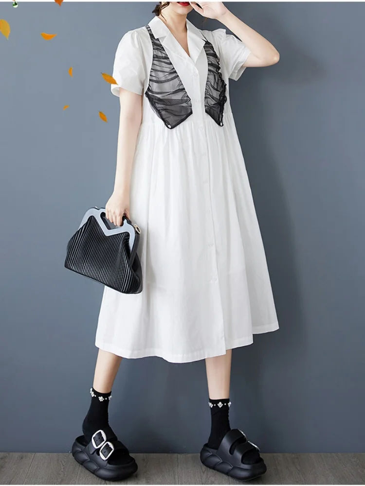 Novo verão solto malha emenda vestido casual feminino simples doce manga curta lapela camisa vestidos