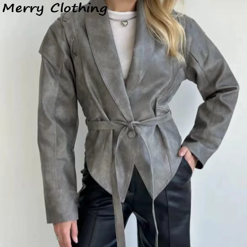 Jaket Kulit Coklat Antik Wanita Mantel Kulit Pinggang Tinggi Bahu Empuk Kerah dengan Sabuk 2025 Mantel Pendek Fashion Musim Gugur Wanita