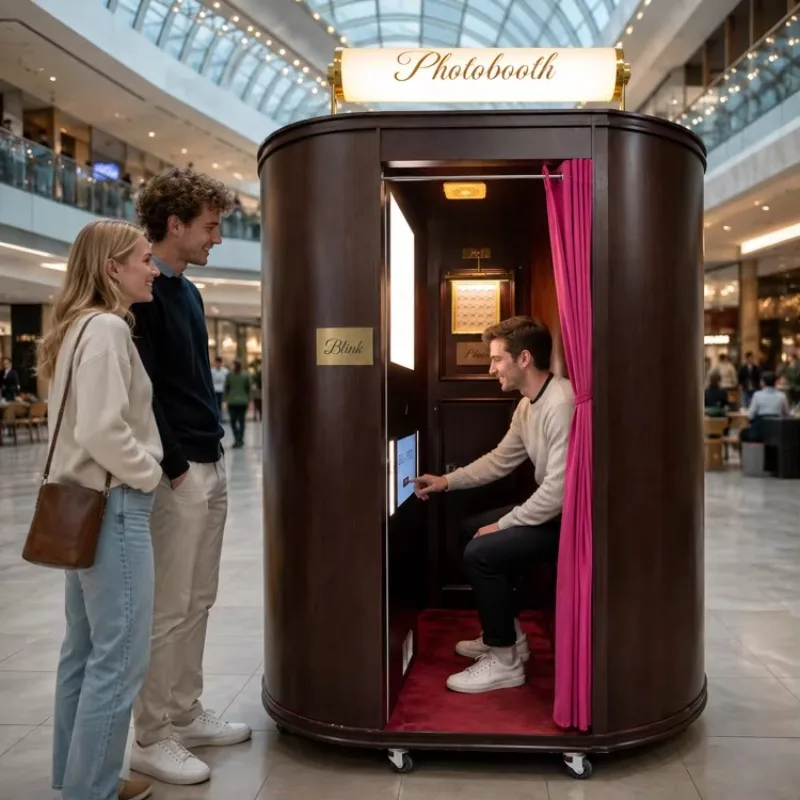 Luxury Vintage Wood Photo Booth Enclosed Selfie Booth Instant Print for Pedestrian Street Block Party Customized
