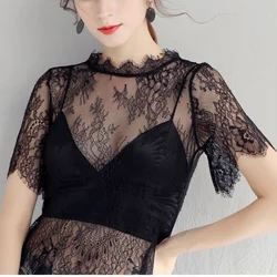 Summer Women Lace Floral Embroidery Blouses Shirt Ladies Tops Sexy Mesh Blouses Transparent Elegant See-through Black Shirt