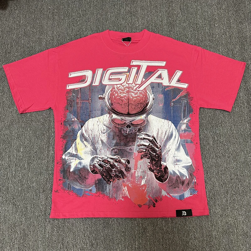 2026SS Retro Horror Lab Graphic Tee DIGITAL Rhinestone Letter Mad Skeleton Scientist Brain Oversized Men Casual Short Sleeve