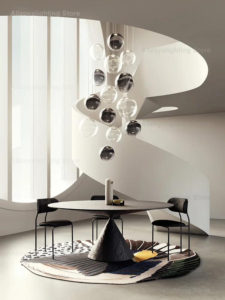 Modern Minimalist LED Pendant Lights Polished Steel Glass Stone String Balls Lustre Lamps for Bedroom Home Decoration Chandelier