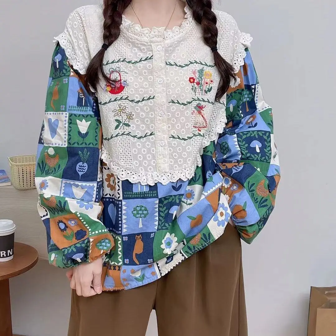 

Spring Autumn Vintage Cotton Linen Women's Tops Lace Patchwork Blouse Loose Women's Oversize Shirt