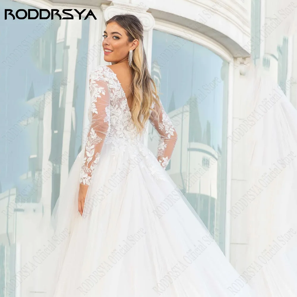 RODDRSYA gaun pernikahan sipil gaun lengan panjang leher V ganda renda gaun pengantin Applique renda A-Line 2024 vestido de noiva casamento