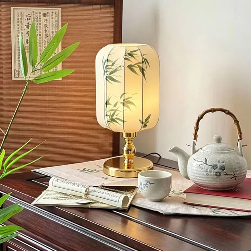 Medieval Style Table Lamps Bamboo Pattern Fabric Zen Bedside Lights Bedroom Living Room Tea Hall  Study Desk Atmosphere Fixture